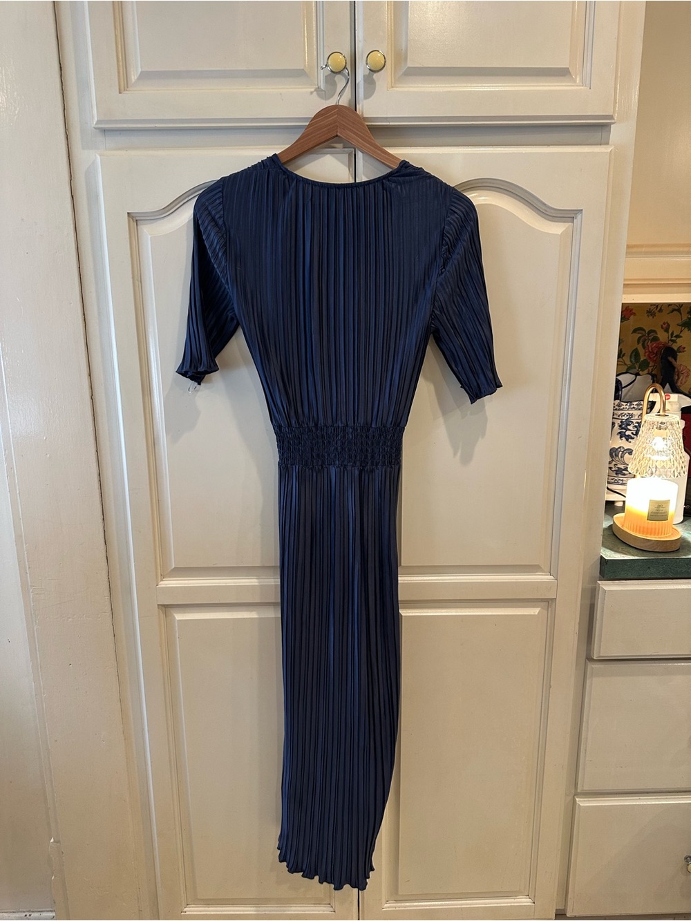 DKNY Navy Pleated Midi Dress with Smocked Waist